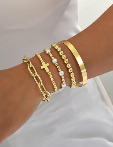 Image of Chunky Gold Bangle Bracelets for Women, Dainty 14k Gold Plated Big Stackable Bangles Set, Trendy Statement Cuff Bracelet Stack Fashion Jewelry Gifts