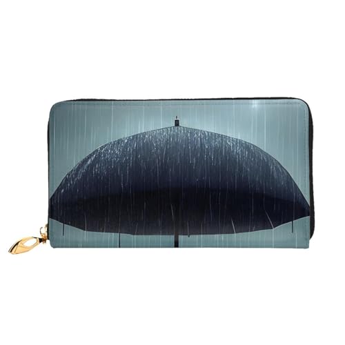 Black umbrella in the rain Women's Wallet Long Zip Around, Premium Vegan Leather Wallet with 12 Card Holders, Large Capacity,Gift Ready Packaging