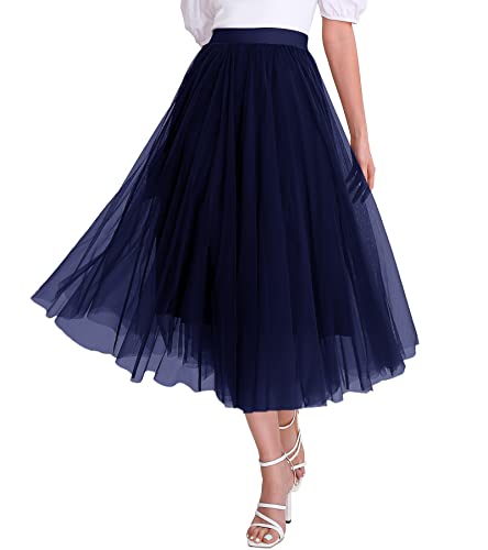 Women s Tulle Skirts Midi Elastic High Waist Pleated Mesh Flowy A-Line Party Long Tutu Skirt