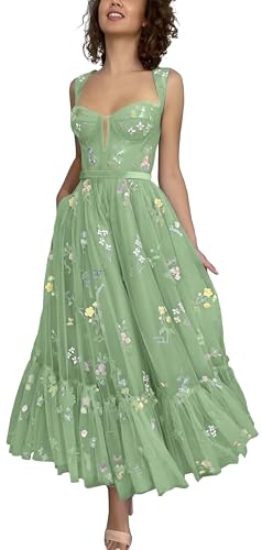 Flower Embroidery Prom Dresses Long Tulle Corset Spaghetti Straps A Line Fairy Ruched Formal Evening for Women - Main Image