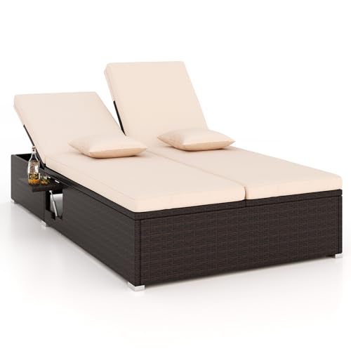 Tangkula Outdoor Rattan Daybed with 6-Level Adjustable Backrests 2-Person Adjustable Wicker Recliner Bed with Cushions & Folding Side Trays Double Sunbed Lounger for Balcony Backyard & Poolside