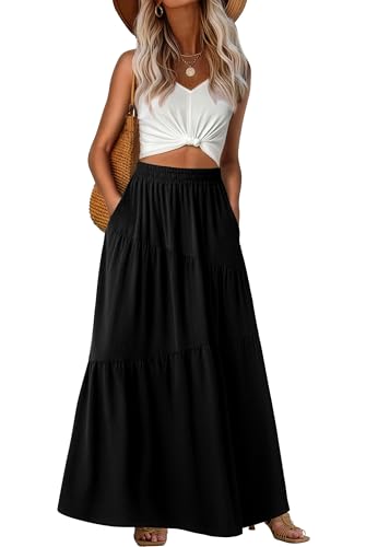 GRECERELLE Jupe longue d'été pour femme taille haute bohème, jupe décontractée maxi pour femmes, jupe élastique avec poches, ligne A fluide et élégante pour femmes UK, Noir , L