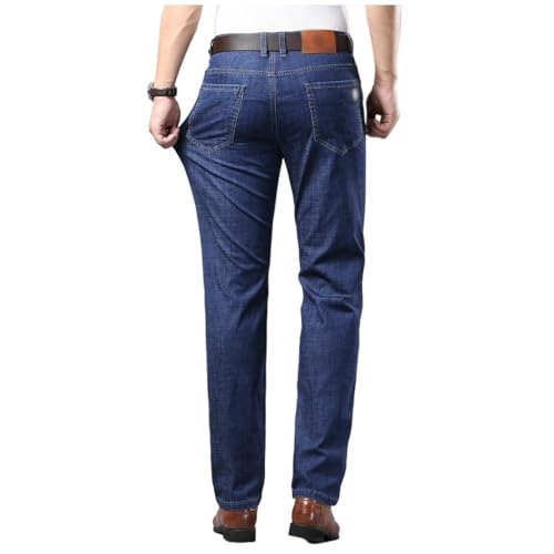 Thin Denim Pants, Loose Waist, Middle-Aged Business Casual Straight Leg Pants, Ice Silk Pants(33) Blue3