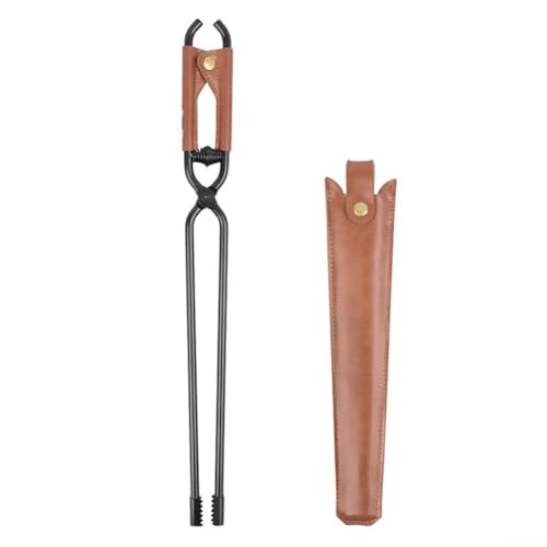 Pince à charbon robuste de 55/44 cm avec couvercle de rangement en cuir pour cheminée intérieure, feu de camp, barbecue, camping (44 cm)