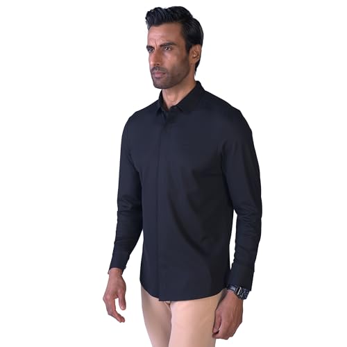 Image of HEKTOR Men's Hidden Button Shirt-Long Sleeve Bubble Check Shirt|Premium Nylon Blend, Regular Fit,Textured Smart