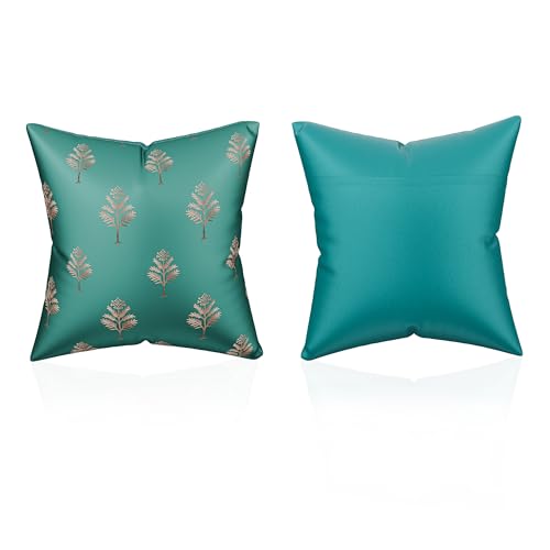 Image of Kuber Industries Polyester Cushion Cover 16 Inch x 16 Inch Set of 5 with Zip Closure | Decorative Throw Pillow Square Cushion Cover for Sofa Set, Bedroom and Living Room | Golden Tree - Green