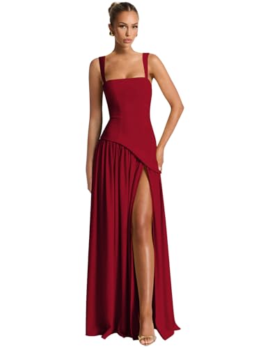 Women's Satin Bridesamaid Dresses with Slit Square Neck Prom Dress Long Formal Evening Party Gown