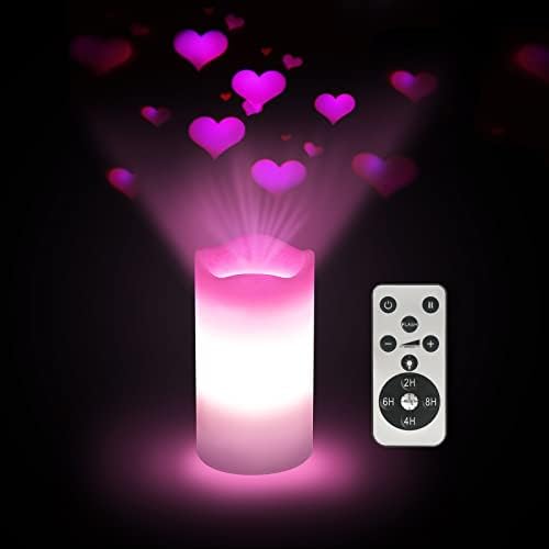 XingsLight Valentines Day Decorations Flameless Candles with Romantic Pink Heart Projector Lights Battery Operated LED Candle with Remote and Timer