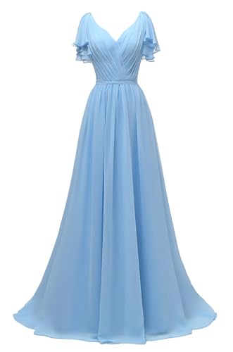Image of Yexinbridal Ruffle Sleeves Bridesmaid Dresses V-Neck Chiffon Long Formal Wedding Evening Party Gowns for Women