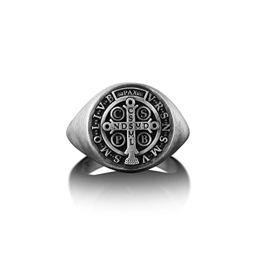 Saint Benedict Ring – 925 Sterling Silver Religious Signet Ring For Men & Women