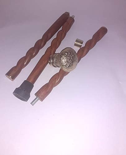 Brass Walking Stick Head Handle knob Wooden Shaft Cane Spiral Three fold