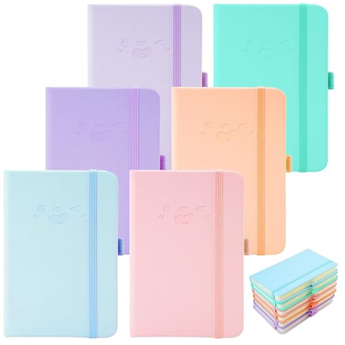 QUMENEY Paquete de 6 cuadernos de bolsillo A6, mini cuadernos portátiles de 200 páginas, pequeños blocs de notas en colores caramelos, tapa dura de piel con papel grueso a rayas, 14,5 x 9,5 cm (6