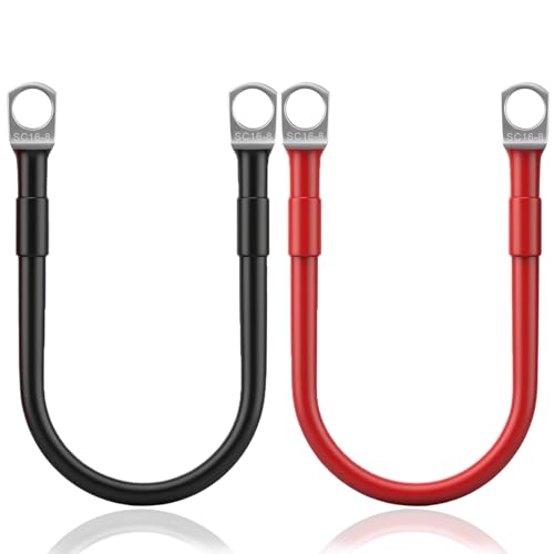 Lot de 2 câbles de batterie M8 30 cm, 30 cm, 12 V, 5 AWG, 16 mm², rouge et noir, avec bornes à anneau M8, câble de terre pour voiture, moto, camion,...