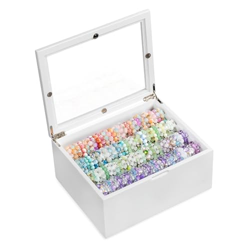 Bellaownia Bracelet Storage Box Holds Up to 150 Bangles Bracelet Organizer with Clear Lid & Rods Jewelry Display Case for Multiple Sizes Dust-Proof Design(White)