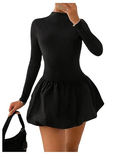 Image of MakeMeChic Women's Mock Neck Ruffle Flared Hem Long Sleeve Slim Fit A Line Short Dress