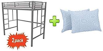 Bundle Set - Your Zone Indoor Metal Loft Bunk Twin Bed in Silver - Set of 2 with Blue/White Stripe 20" x 28" Huge Pillow