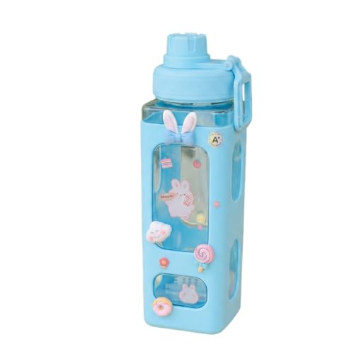 Image of Aider Kawaii Bear Kids Water Bottle, 700ml Blue | With Straw & Stickers, Cute Square Design, Leakproof BPA Free Plastic, For School, Travel, Gym & Daily Use