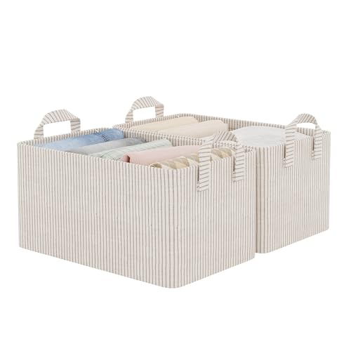 StorageWorks Pojemniki do przechowywania z metalową ramą, pojemniki organizacyjne do garderoby, 37.5 x 26 x 21 cm tekstylne pudełka z uchwytami do przechowywania ubrań, beżowe paski, zestaw 2