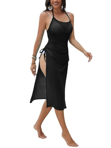 NLAND Vestido de Playa para Mujer Sin Mangas Largo Vestido Playa de Malla Verano Transparente Bikini Cover Up Cuerda Ajustable，Negro