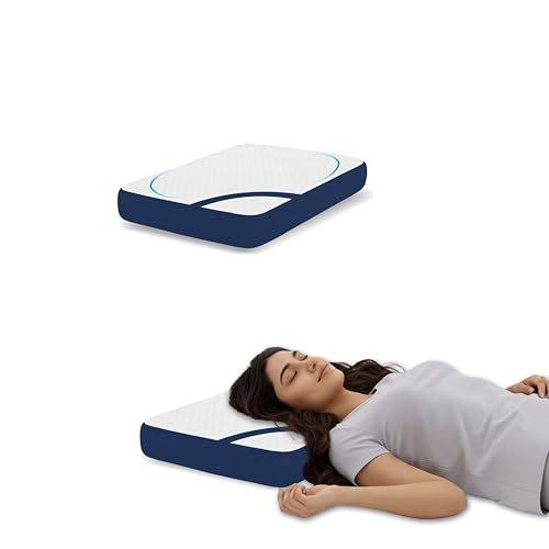 Image of Orthopedic Bedding, Memory Foam Cervical Pillow for Neck Pain Relief, White and Blue Jacquard Case with Zipper, Ergonomic Support for Aligned Spine and Better Sleeping,50x30x6 cm