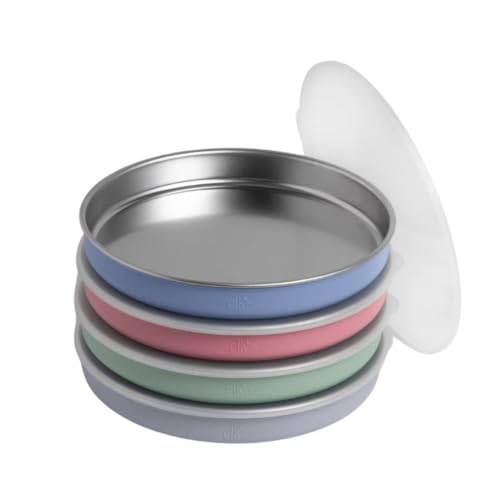 Image of Elk and Friends 7.8” Stainless Steel Non Divided Plates with Silicone Sleeve + Storage Lid | Baby, Toddler, Kids | Dishwasher Safe | Dinner & Snack Plates | 4 Pack
