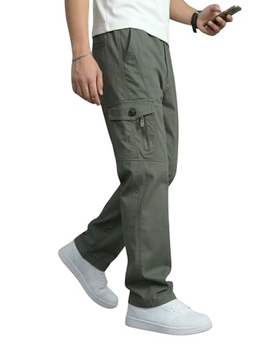 Image of Men's Cargo Pants-100% Premium Cotton Tapered Fit Lightweight Breathable Multi-Pocket Drawstring Utility Casual Trousers