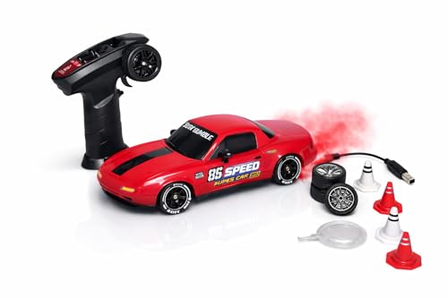Image of 1:24 RC Drift Car 4WD, 20km /h Remote Control Car with Smoke Effect, Pop-Up Headlights, LED Lights, Drift Tires, Rechargeable Toy Car for Kids & Adults (Red)