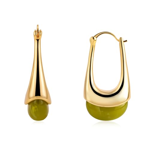 FOJDPAS 14k Gold Plated Amber Resin Hoop Earrings for Women Trendy Hypoallergenic Chunky Gold Earrings Jewelry Gifts for Sensitive Earlobes (Gold-green Drop-Shaped)