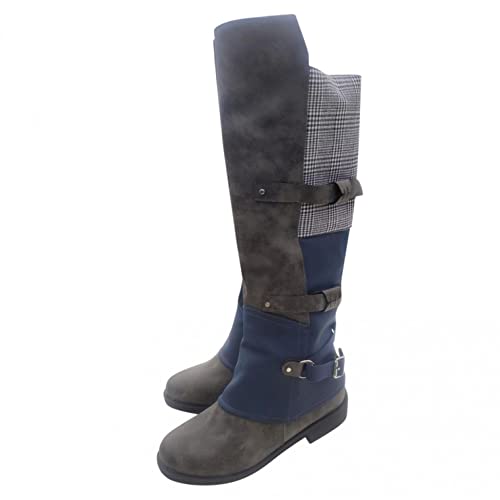 Hbeylia Boots For Women Vintage Slouchy Plaid Leather Round Toe Chunky Block Low Heels Pullon Wide Mid Calf Riding Work Boots Boho Casual Metal Buckle Winter Fall Long Tall Combat Boots3