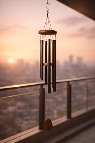 Image of Black Metal Wind Chime with Wooden Finish | Soothing Sound Hanging Wind Chimes for Home, Balcony, Garden & Patio