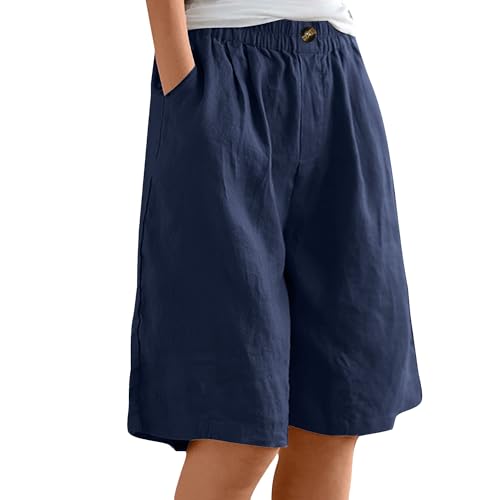 RegaliaKun Bermuda Shorts for Women Wide Leg Cotton Knee Length Summer Casual Long Shorts Loose High Waisted Short with Pockets Navy Blue