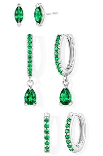 GoldGifts May Birthstone Emerald Earrings - St. Patrick’s Day Green Jewelry Gift, Hypoallergenic Sterling Silver Small Huggie Hoop Set for Women, Dainty Trendy Stack Dangle Studs for Cartilage Helix
