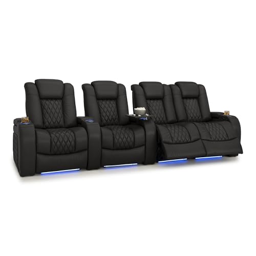 Image of Seatcraft Diamante Black Italian Leather Home Theater Seating, Zero Gravity Power Recliner Gaming and Home Office Chair Powered Headrest Lounge Sofa Furniture for Cinema Room, Row of 4 Right Loveseats