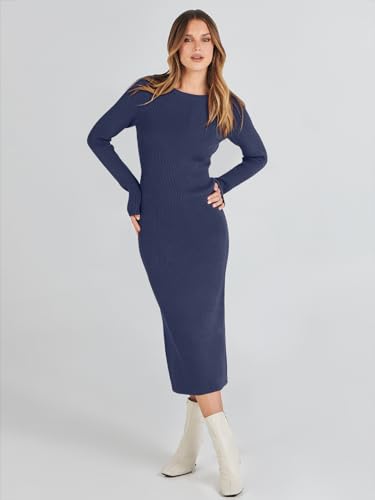 Image of ANRABESS Women Long Sleeve Sweater Dress Crewneck Bodycon Stretch Slim Fit Ribbed Knit Midi Dresses 2025 Fall Trendy Outfits