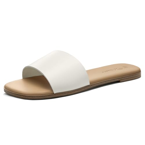 Image of Athlefit Flat Sandals Women Dressy Square Toe Raffia Summer Slide Sandals