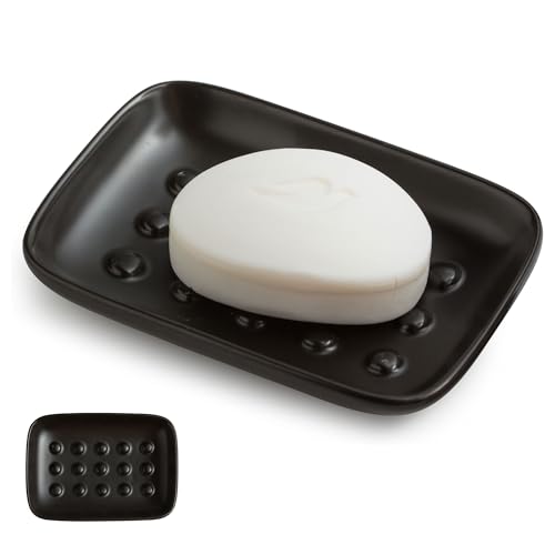 Miamolo Soap Dish, Ceramic Soap Holder Shower Soap Dish for Bar Soap Sponge, Soap Saver Tray for Bathroom Kitchen Sink, Black
