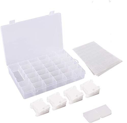 Kampo Embroidery Floss Organizer Kit-36 Adjustable compartments Box Includes 100 Pieces White Plastic Floss bobbins and 128 Sticker for Craft DIY Sewing Storage