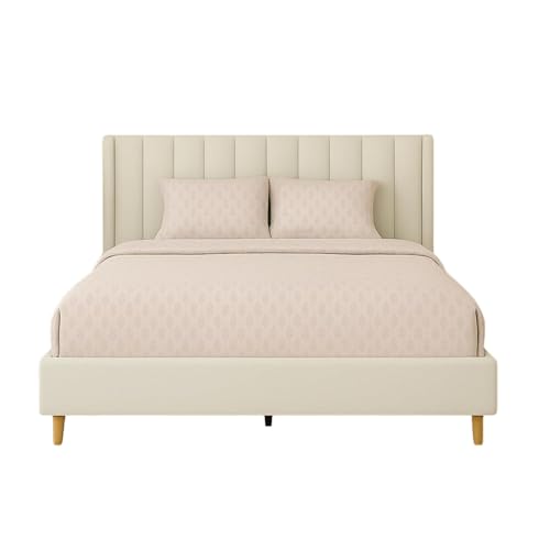Image of Wooden Upholstered Bed Queen Size Without Storage | Wooden Queen Size Cot with Headboard | Double Size Bed for Bedroom | Palang Furniture for Guest Room, White (75x60)