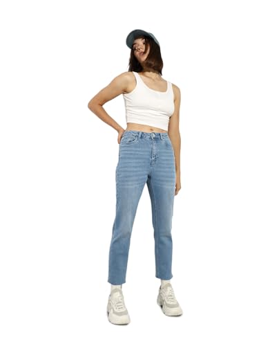 Image of ONLY Women's Straight Fit High Rise Faded Jeans | Mom Jeans for Women