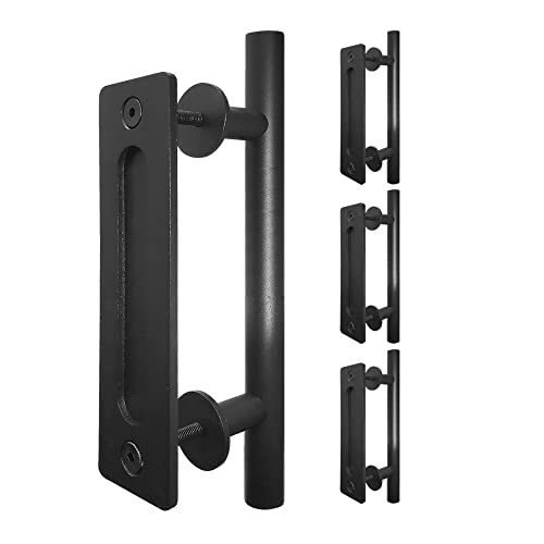 Image of S&Z TOPHAND 12 Inch Sliding Barn Door Handles Black Hardware, Set Black Powder Coated Finish Round Shape - Fit 1 3 /8-1 3 /4 inch Thickness Door Panel, Heavy Duty Solid Steel Gate (4, Black)
