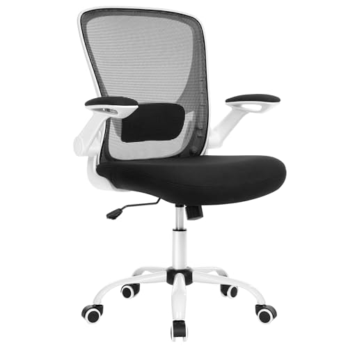 SONGMICS ergonomiczne krzesło biurowe, krzesło obrotowe z siatką, podparcie lędźwiowe, funkcja bujaka, siedzisko 53 cm, składane podłokietniki, gabinet i sypialnia, studenci, czarno-biały OBN37WTV2