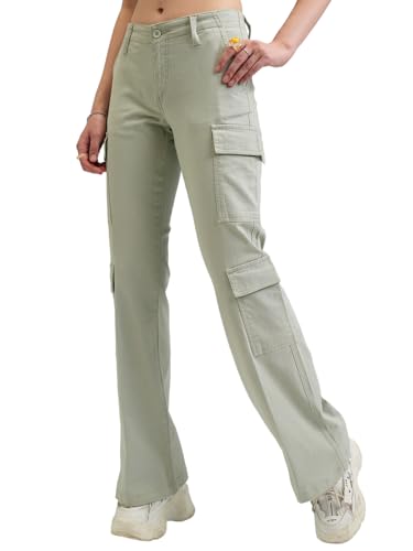 Image of Tokyo Talkies Women's Flared Cargos Trousers | Stretchable Trousers|Mid-Rise