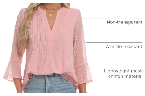 AIMCOO Blouses for Women Dressy Casual V Neck Tunic Flowy 3/4 Bell Sleeve Tops for Women Summer Chiffon Double Layer Top Loose Fitt Office Shirt Pink Medium - image 4