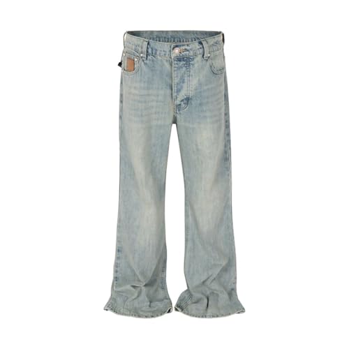 Men's Pearl Button Baggy Flare Jeans, Washed Denim, Casual Boot Cut Loose Fit