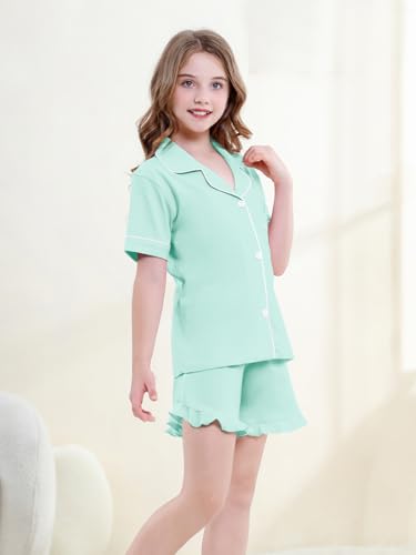 QZH.DUAO Pajama Sets,100% Cotton Button up Soft Sleepwear with Ruffle 2PCS PJ Set Nightwear, Mint Green, 5-6 Years = Tag 1304