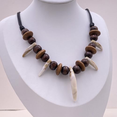MOKAVIKY 25 Adjustable Tribal Wolf Tooth Necklace for Women Men Resin Wolf Tooth with Woody Beaded Necklace3