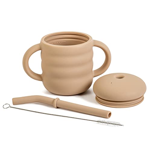 Cute 2-1 Silicone Straw Sippy Cup With Stopper - 5.4 Oz Spill-Proof Sippy Cups For Baby 6+ Months W/ Dbl Handles, Grooved Body & Angled Straw For Fun & Safe Drinking - Includes Cleaning Brush - Beige #TOP1
