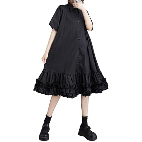 ellazhu Women's Short Sleeves Solid Color Tutu Dress Button Down Casual Shirt Dress GZ183 Cover