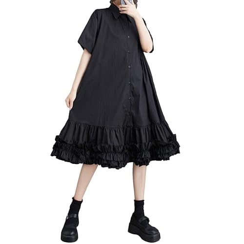 ellazhu Women's Short Sleeves Solid Color Tutu Dress Button Down Casual Shirt Dress GZ183 A Small-X-Large Black