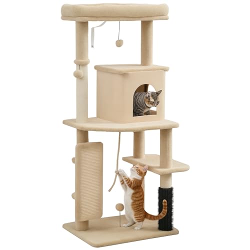 Pawhut Albero Tiragraffi Multilivello Alto 132 Cm, Palestra Per Gatti Con Casetta, Lettino Per Gatti, Pali Tiragraffi, Piattaforma, Spazzola E Pallina, Dispositivo Antiribaltamento, Beige